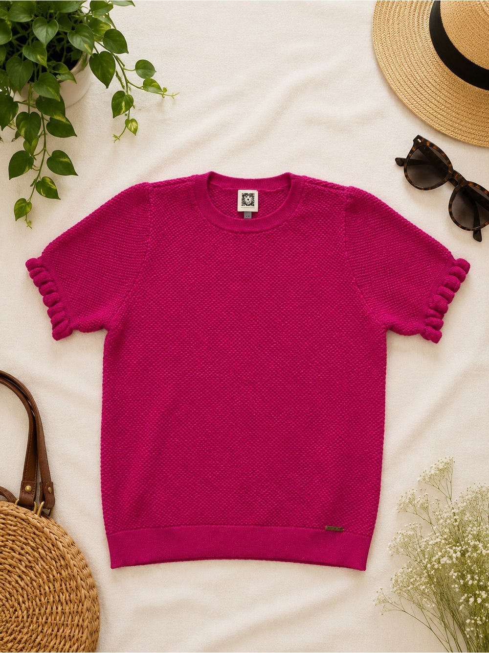 💖 NWOT Anne Klein Fuchsia Textured Knit Short Sleeve Sweater Size M💖